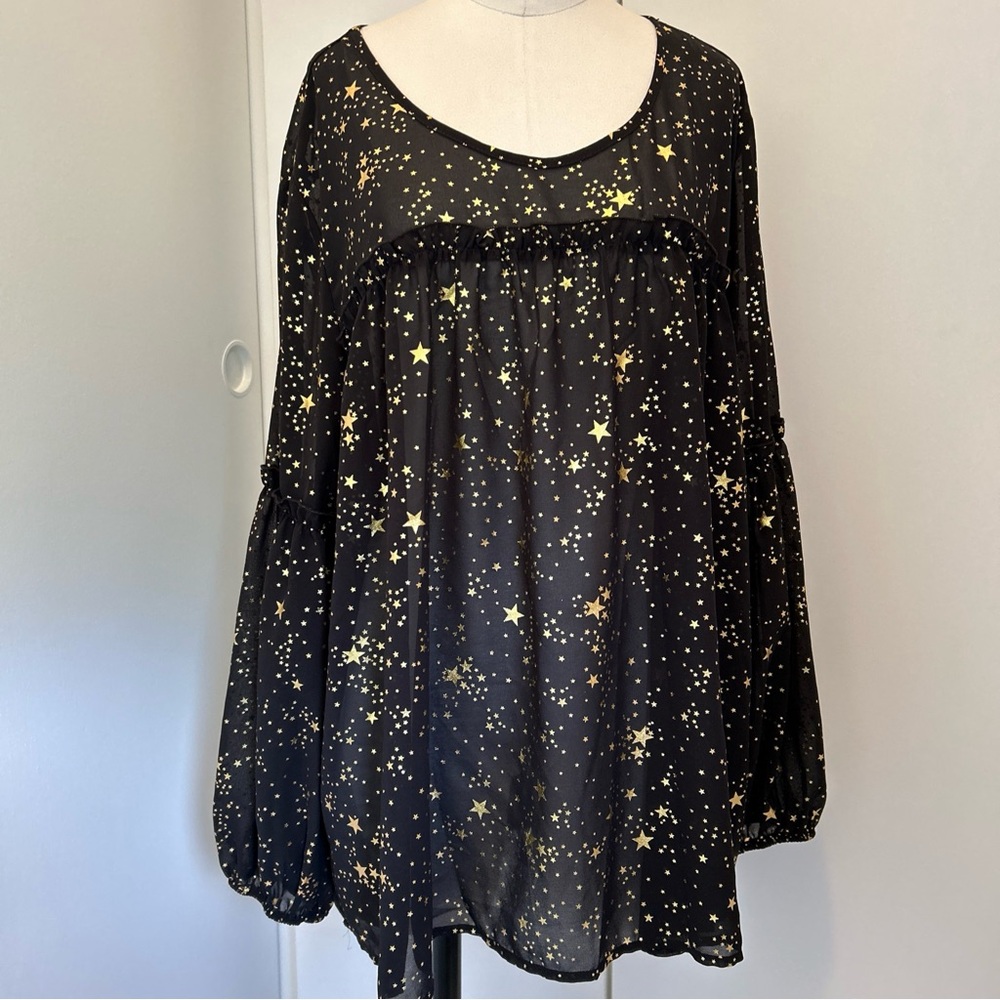 SHEIN! Black Sheer Blouse with Large & Small Gold Stars. Ruffle Detail